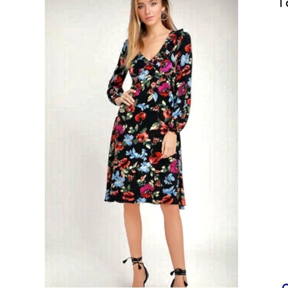 New LULU’S Beloved Blooms Black Floral Print Long Sleeve Midi Dress Size S - Picture 1 of 10